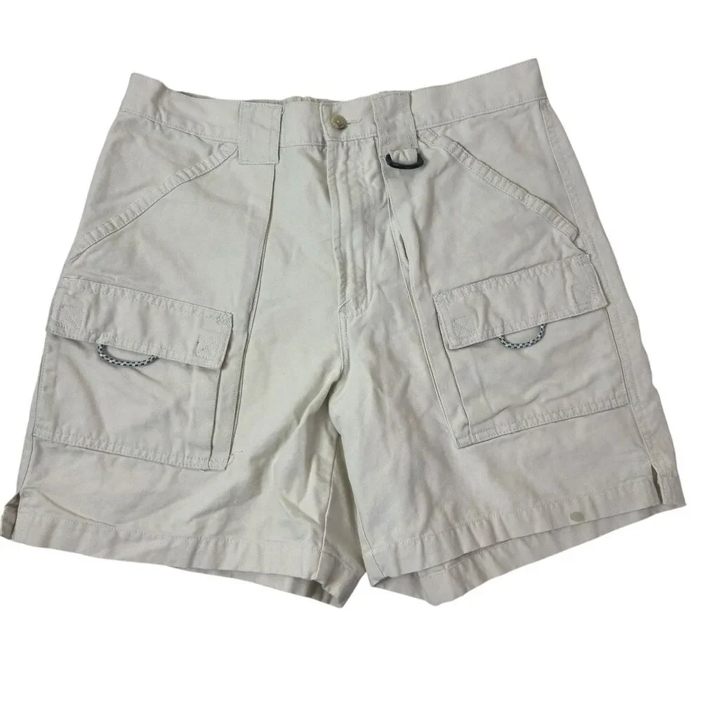 Vintage Columbia PFG Cargo Shorts Mens Medium Beige Cotton Fishing Elastic